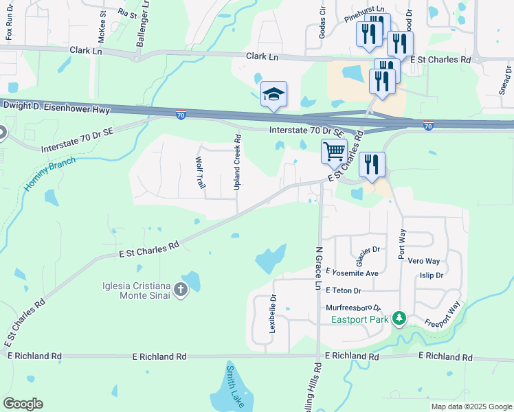 map of restaurants, bars, coffee shops, grocery stores, and more near 5110 East Saint Charles Road in Columbia
