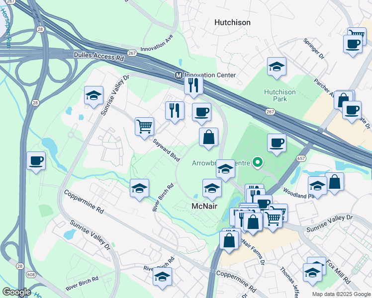 map of restaurants, bars, coffee shops, grocery stores, and more near 13649 Dulles Technology Drive in Herndon