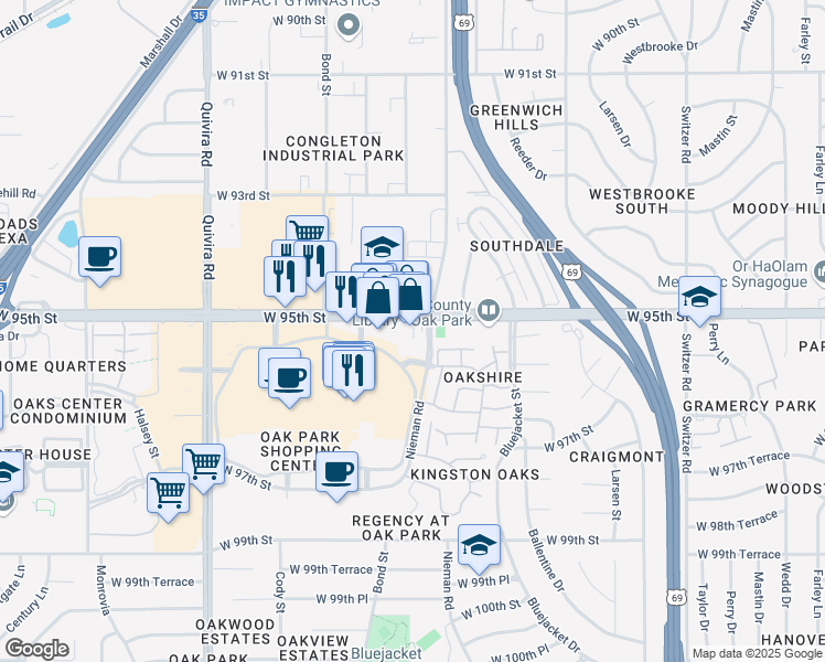 map of restaurants, bars, coffee shops, grocery stores, and more near 11111 West 95th Street in Overland Park