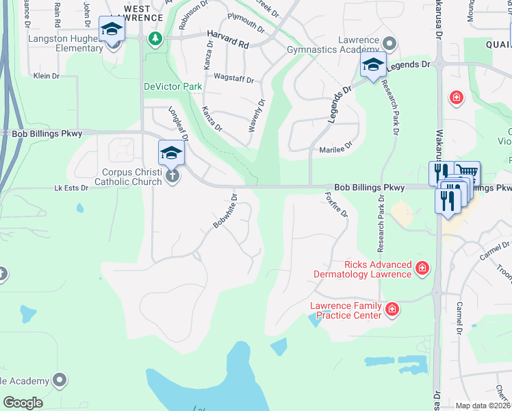 map of restaurants, bars, coffee shops, grocery stores, and more near 1508 Fountain Drive in Lawrence