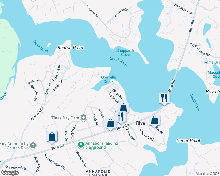 map of restaurants, bars, coffee shops, grocery stores, and more near 216 Ridge Road in Riva