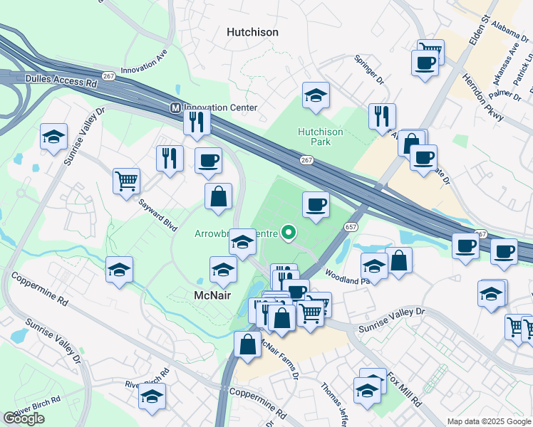 map of restaurants, bars, coffee shops, grocery stores, and more near 13405 Launders Street in Herndon