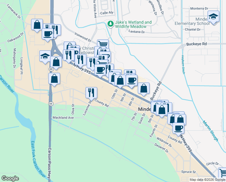 map of restaurants, bars, coffee shops, grocery stores, and more near 1644 U.S. 395 in Minden