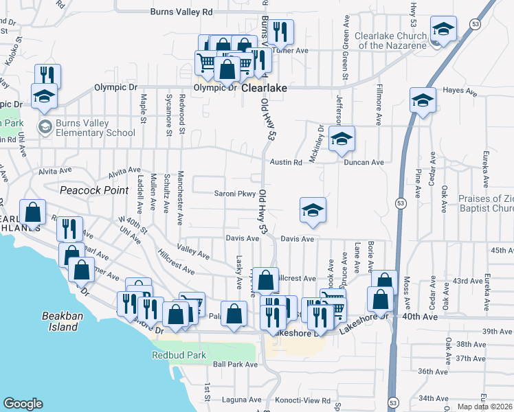 map of restaurants, bars, coffee shops, grocery stores, and more near 3895 Old Highway 53 in Clearlake