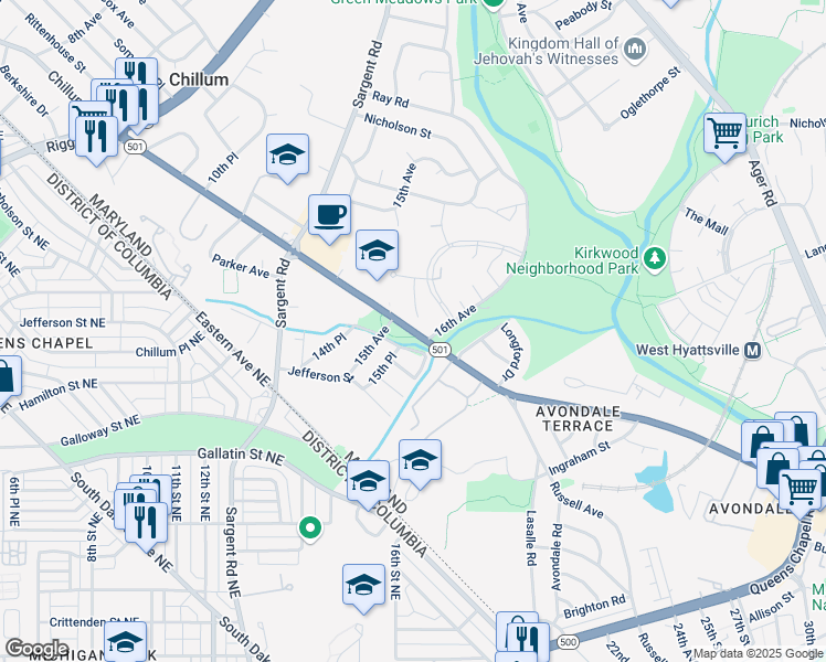 map of restaurants, bars, coffee shops, grocery stores, and more near Chillum Road in Prince George's County