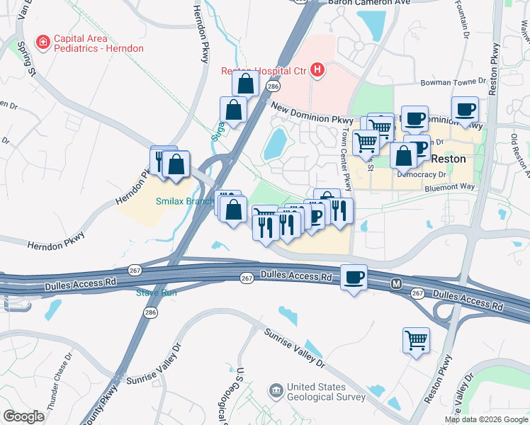 map of restaurants, bars, coffee shops, grocery stores, and more near 12196 Sunset Hills Road in Reston