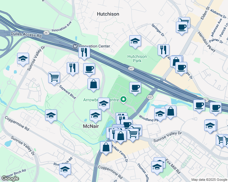 map of restaurants, bars, coffee shops, grocery stores, and more near 13405 Launders Street in Herndon