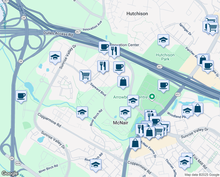 map of restaurants, bars, coffee shops, grocery stores, and more near 13649 Dulles Technology Drive in Herndon