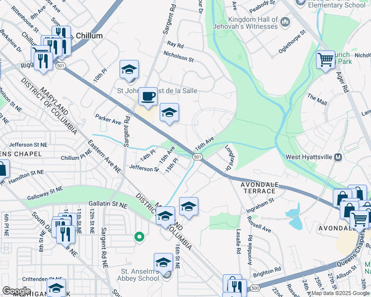 map of restaurants, bars, coffee shops, grocery stores, and more near Chillum Road in Prince George's County