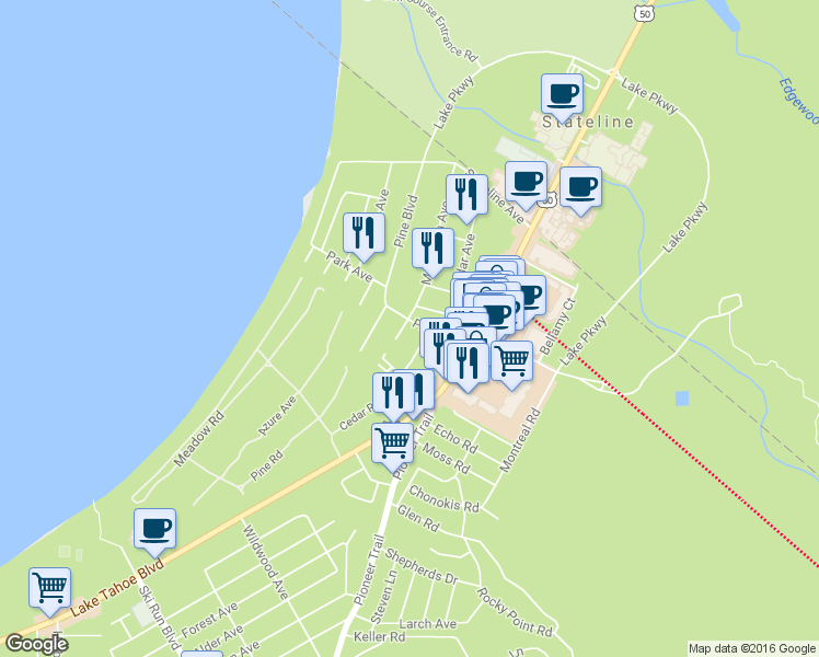 map of restaurants, bars, coffee shops, grocery stores, and more near in South Lake Tahoe