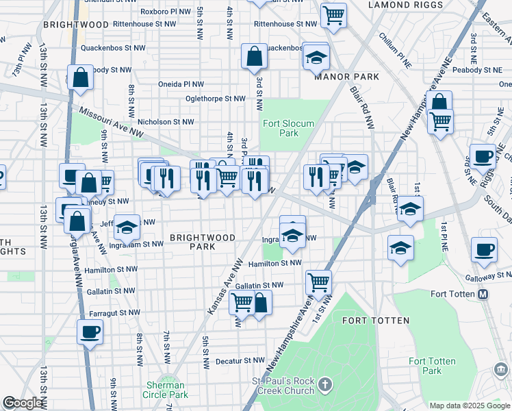 map of restaurants, bars, coffee shops, grocery stores, and more near 5418 3rd Street Northwest in Washington