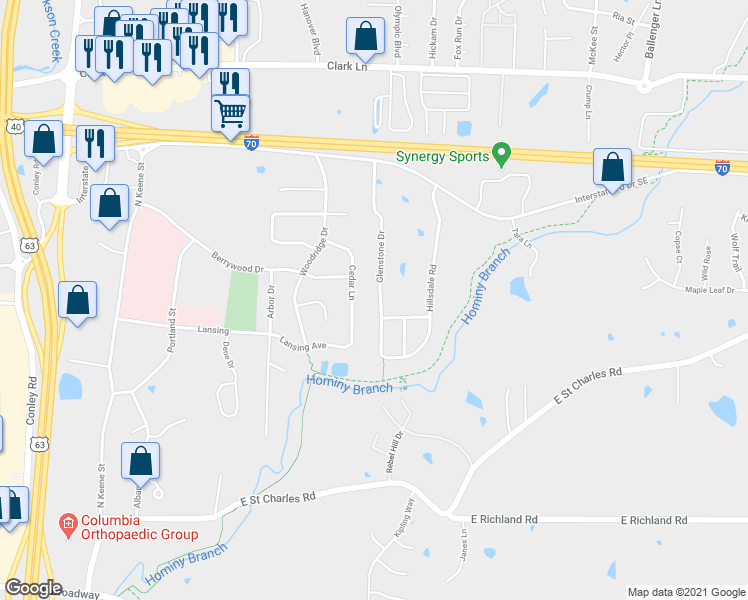 map of restaurants, bars, coffee shops, grocery stores, and more near 502 Glenstone Drive in Columbia