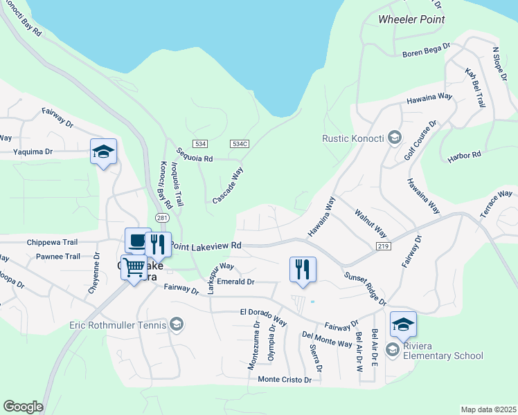 map of restaurants, bars, coffee shops, grocery stores, and more near 4875 Tuolumne Court in Kelseyville