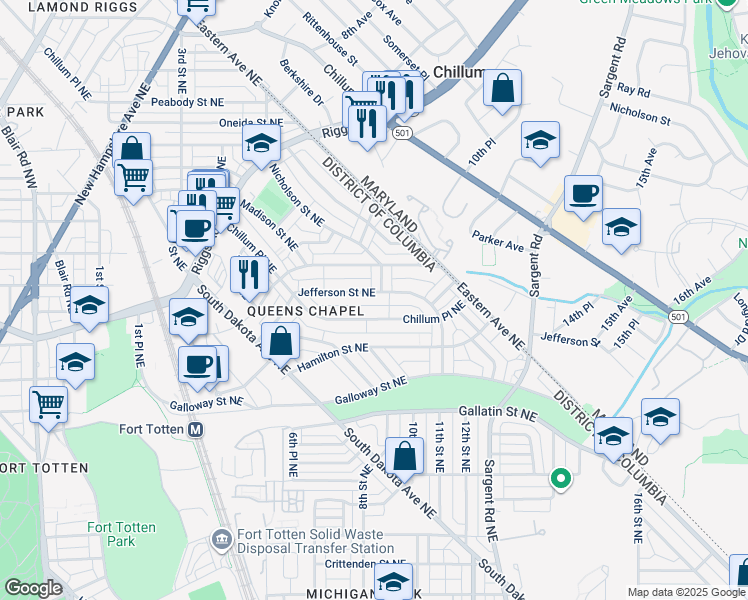 map of restaurants, bars, coffee shops, grocery stores, and more near 721 Jefferson Street Northeast in Washington