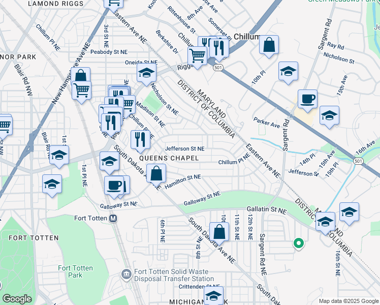 map of restaurants, bars, coffee shops, grocery stores, and more near 655 Jefferson Street Northeast in Washington