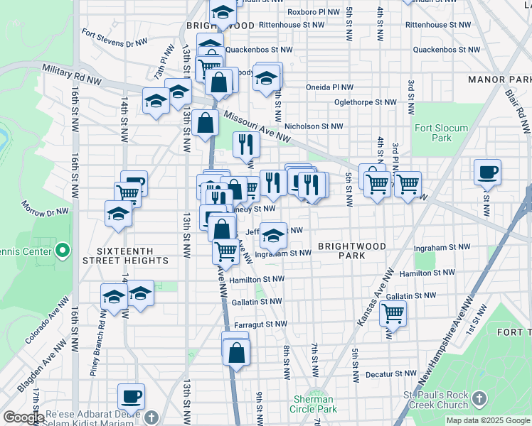 map of restaurants, bars, coffee shops, grocery stores, and more near 822 Kennedy Street Northwest in Washington