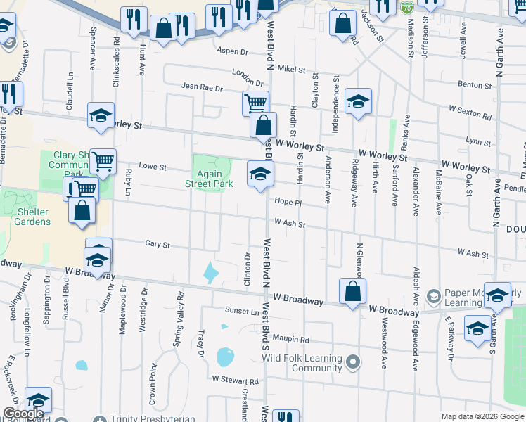 map of restaurants, bars, coffee shops, grocery stores, and more near 213-215 West Boulevard North in Columbia