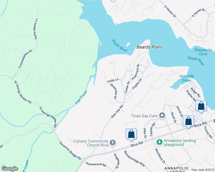 map of restaurants, bars, coffee shops, grocery stores, and more near 2732 Plateau Drive in Riva