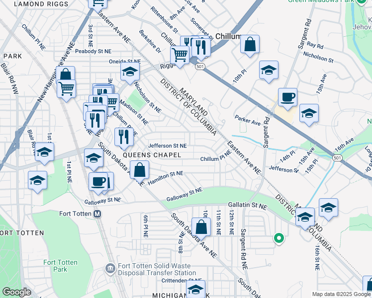 map of restaurants, bars, coffee shops, grocery stores, and more near 721 Jefferson Street Northeast in Washington