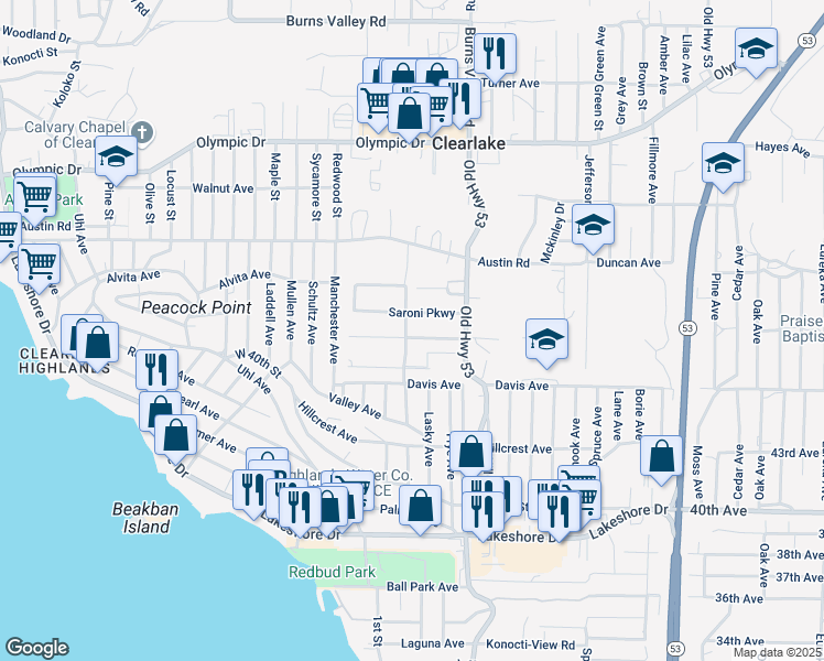 map of restaurants, bars, coffee shops, grocery stores, and more near 14881 Saroni Parkway in Clearlake