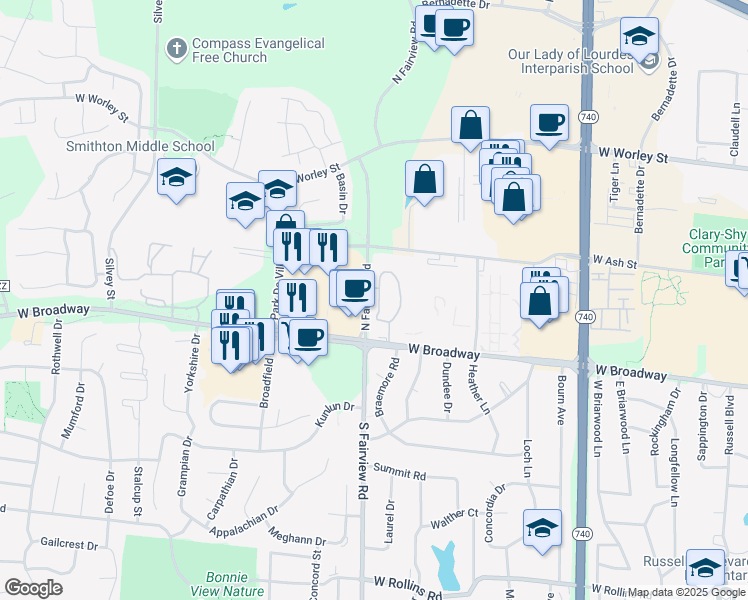 map of restaurants, bars, coffee shops, grocery stores, and more near 2801 West Broadway in Columbia