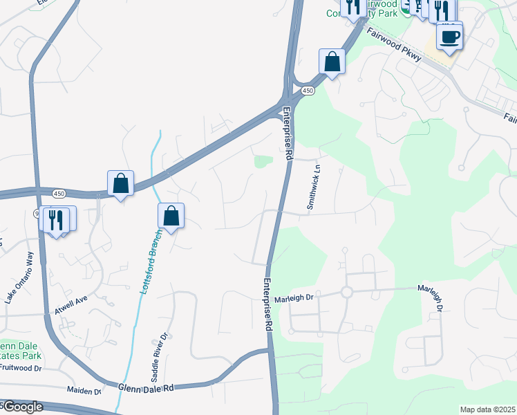 map of restaurants, bars, coffee shops, grocery stores, and more near 4900 Lisborough Terrace in Bowie