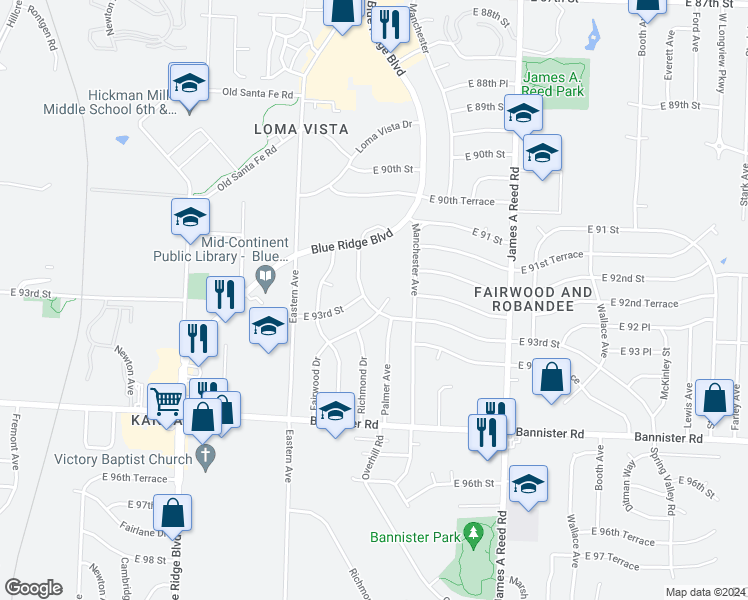 map of restaurants, bars, coffee shops, grocery stores, and more near 7610 East 93rd Street in Kansas City