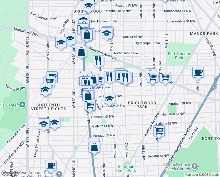 map of restaurants, bars, coffee shops, grocery stores, and more near 822 Kennedy Street Northwest in Washington