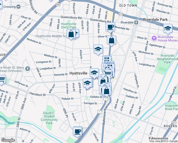 map of restaurants, bars, coffee shops, grocery stores, and more near 101 Independence Avenue Southeast in Washington