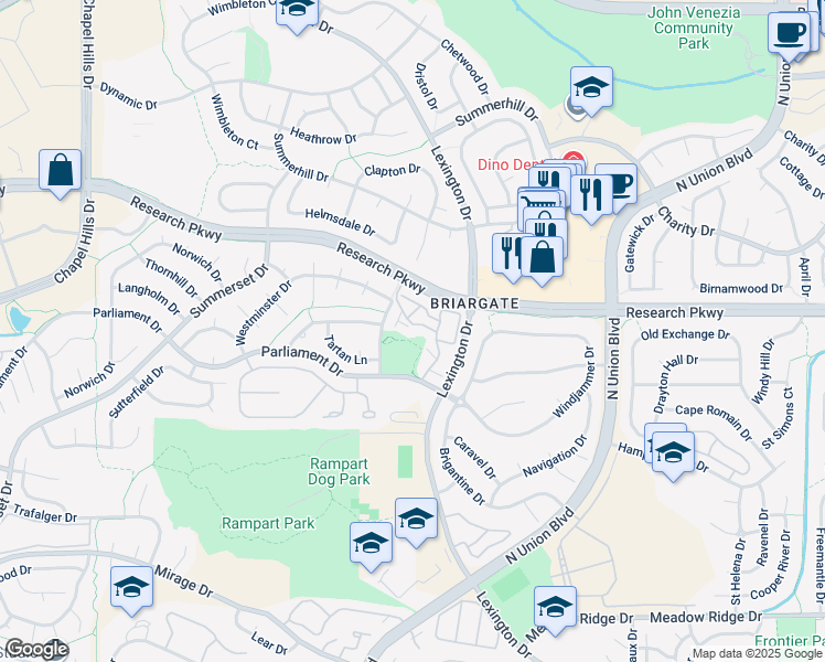 map of restaurants, bars, coffee shops, grocery stores, and more near 2845 Freewood Point in Colorado Springs