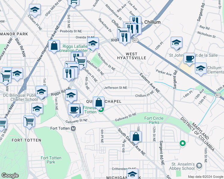 map of restaurants, bars, coffee shops, grocery stores, and more near 617 Jefferson Street Northeast in Washington