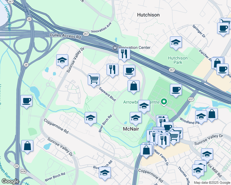 map of restaurants, bars, coffee shops, grocery stores, and more near 13645 Dulles Technology Drive in Herndon
