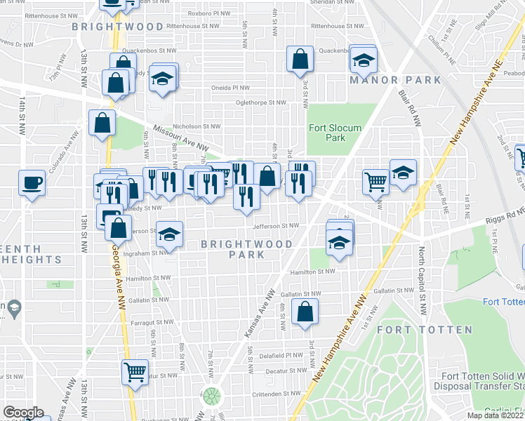 map of restaurants, bars, coffee shops, grocery stores, and more near 408 Kennedy Street Northwest in Washington