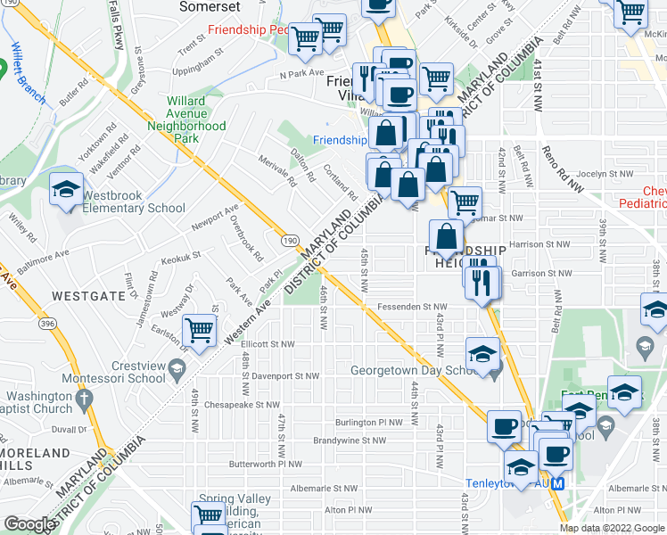 map of restaurants, bars, coffee shops, grocery stores, and more near 4531 Garrison Street Northwest in Washington