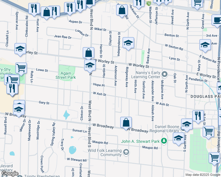 map of restaurants, bars, coffee shops, grocery stores, and more near 804 Hope Place in Columbia