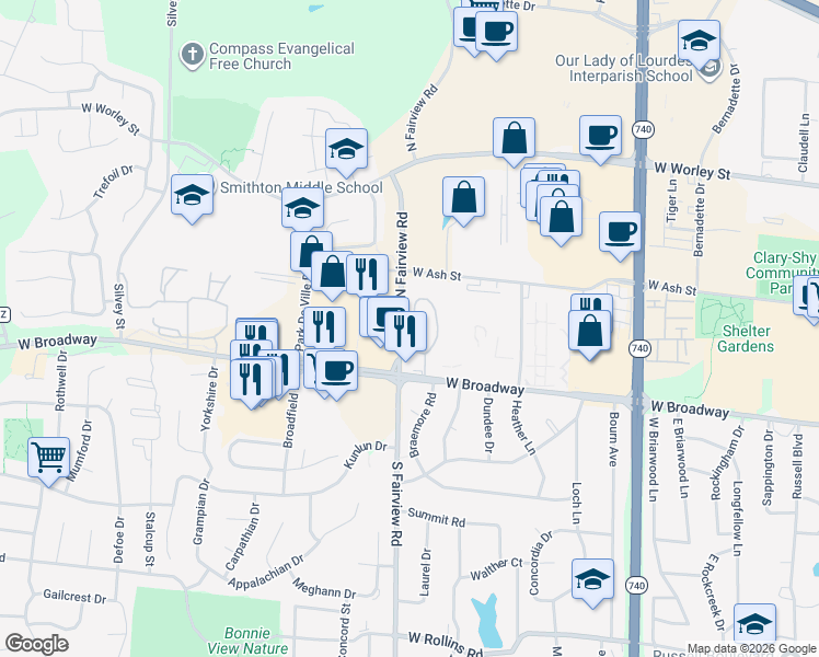 map of restaurants, bars, coffee shops, grocery stores, and more near 2801 West Broadway in Columbia