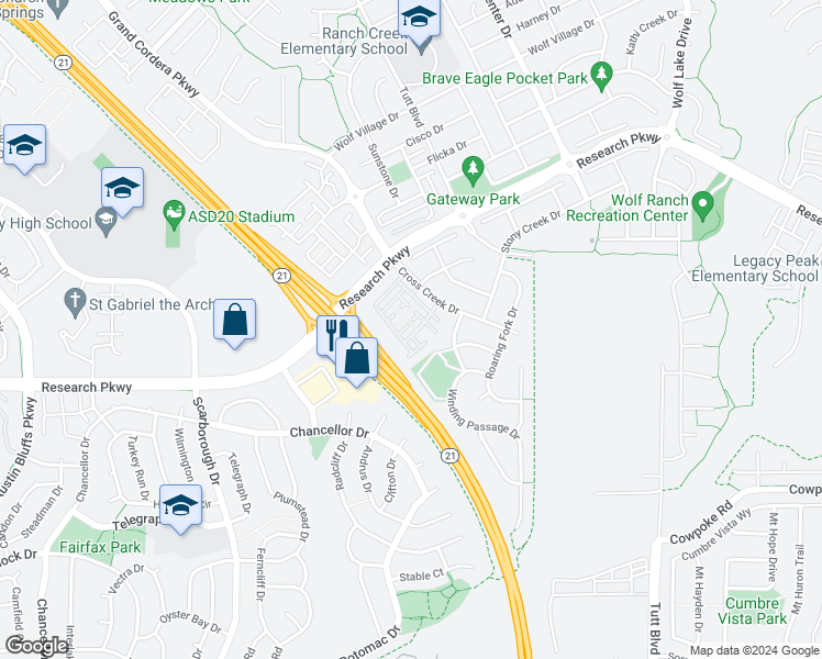 map of restaurants, bars, coffee shops, grocery stores, and more near 5450 Cushing Grove in Colorado Springs