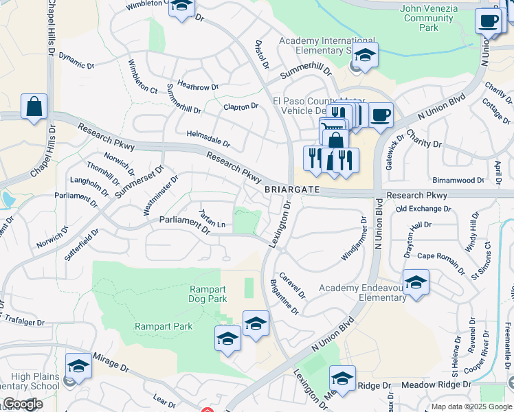 map of restaurants, bars, coffee shops, grocery stores, and more near 2855 Freewood Point in Colorado Springs