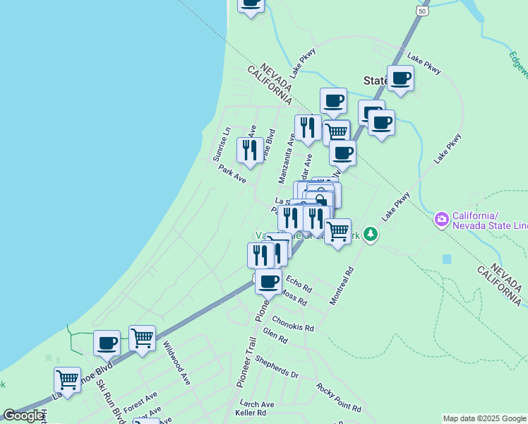 map of restaurants, bars, coffee shops, grocery stores, and more near in South Lake Tahoe