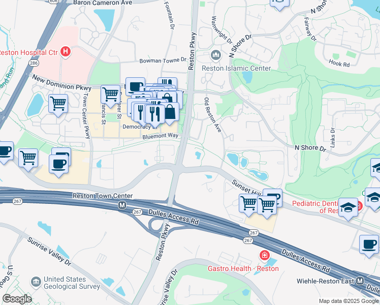 map of restaurants, bars, coffee shops, grocery stores, and more near 11800 Sunset Hills Road in Reston