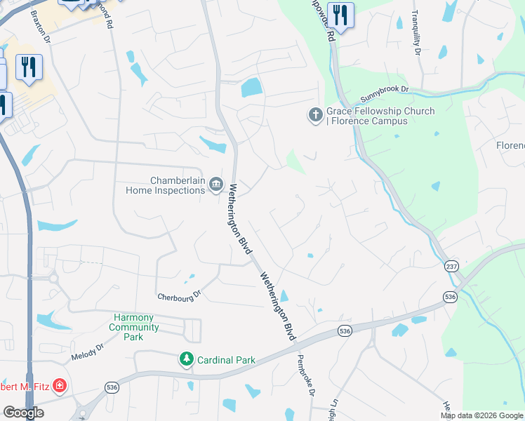 map of restaurants, bars, coffee shops, grocery stores, and more near 1127 Appomattox Drive in Florence
