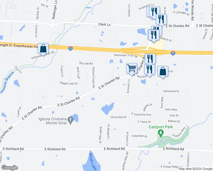 map of restaurants, bars, coffee shops, grocery stores, and more near 5200 East Saint Charles Road in Columbia