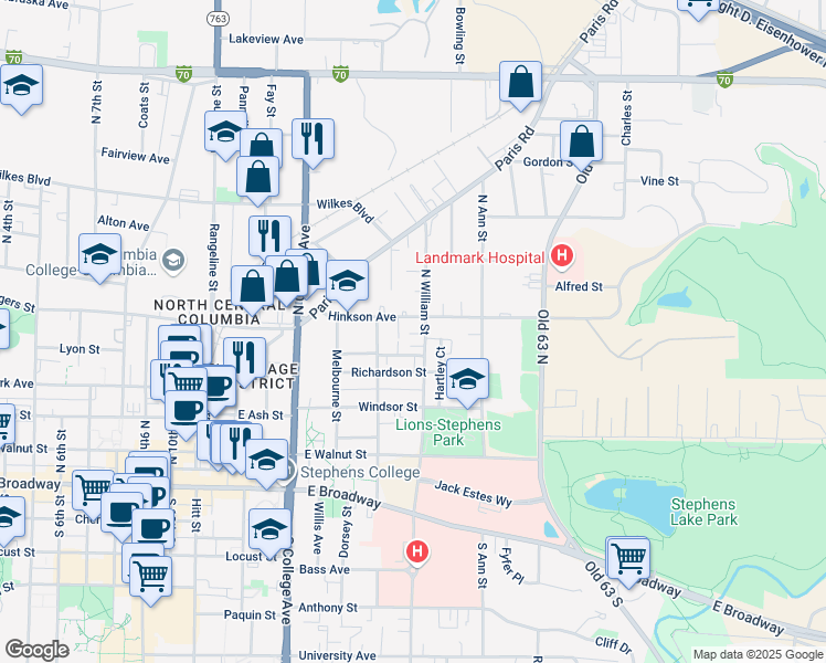 map of restaurants, bars, coffee shops, grocery stores, and more near 1508 Hinkson Avenue in Columbia