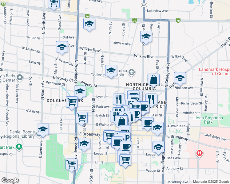 map of restaurants, bars, coffee shops, grocery stores, and more near 802 Rogers Street in Columbia