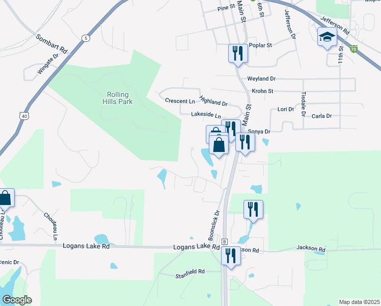 map of restaurants, bars, coffee shops, grocery stores, and more near 1400 Village Drive in Boonville