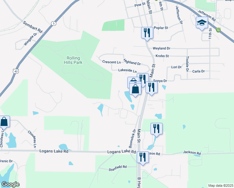 map of restaurants, bars, coffee shops, grocery stores, and more near 1400 Village Drive in Boonville