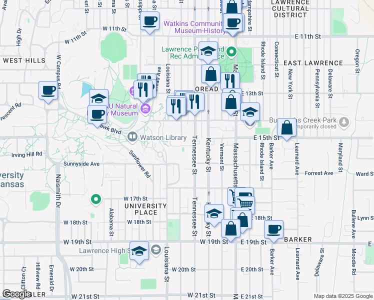 map of restaurants, bars, coffee shops, grocery stores, and more near 400-448 Gower Pl in Lawrence