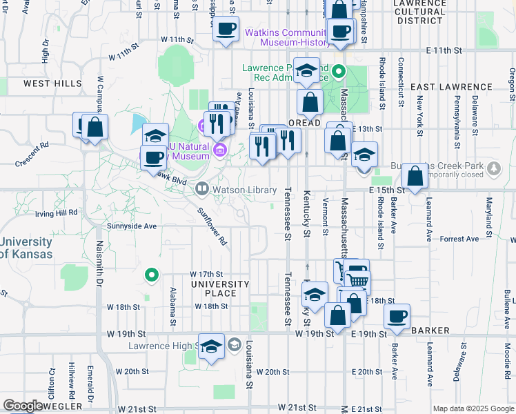 map of restaurants, bars, coffee shops, grocery stores, and more near 1 Gower Place in Lawrence