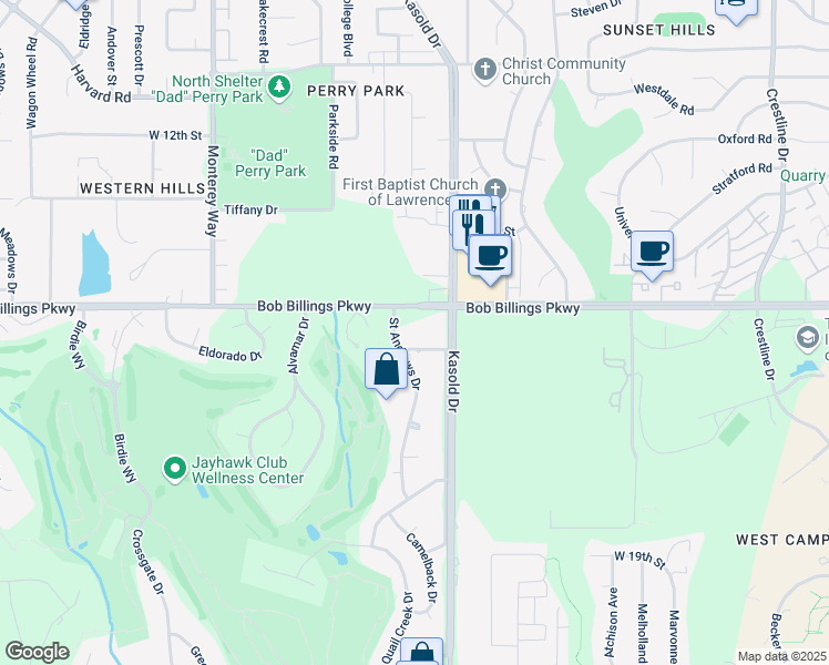 map of restaurants, bars, coffee shops, grocery stores, and more near 1501 Kasold Drive in Lawrence