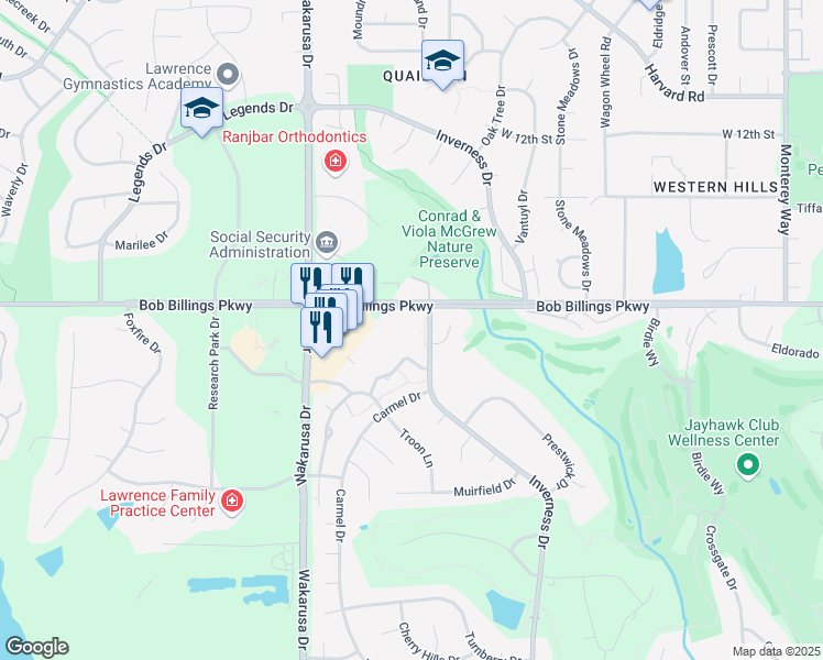map of restaurants, bars, coffee shops, grocery stores, and more near 1501 Inverness Drive in Lawrence